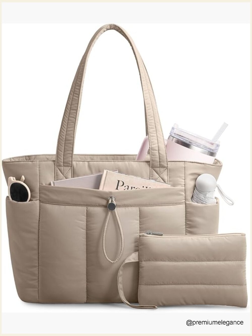 Puffy Tote Bag with Cup Holder & Laptop Sleeve, Travel Work Bag
